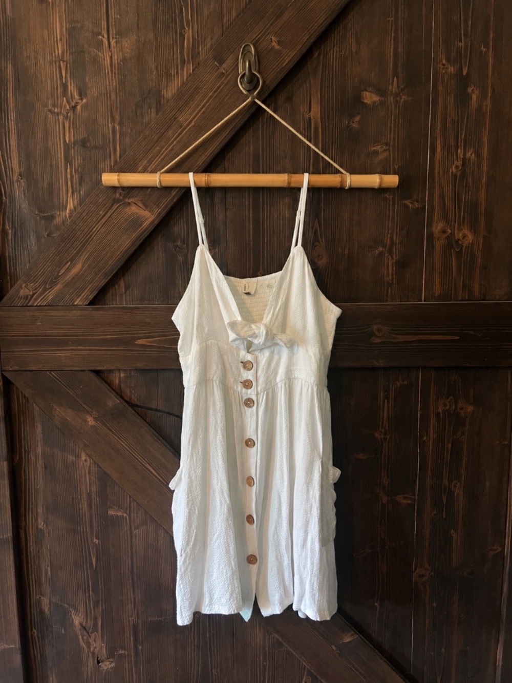 Roxy Under the Cali Sun White Textured Tie Front Mini Dress with Pockets Size L